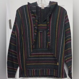 Vintage Molina Size Small Mexican Baja Drug Rug Hoodie Black, Red, Green, Yellow